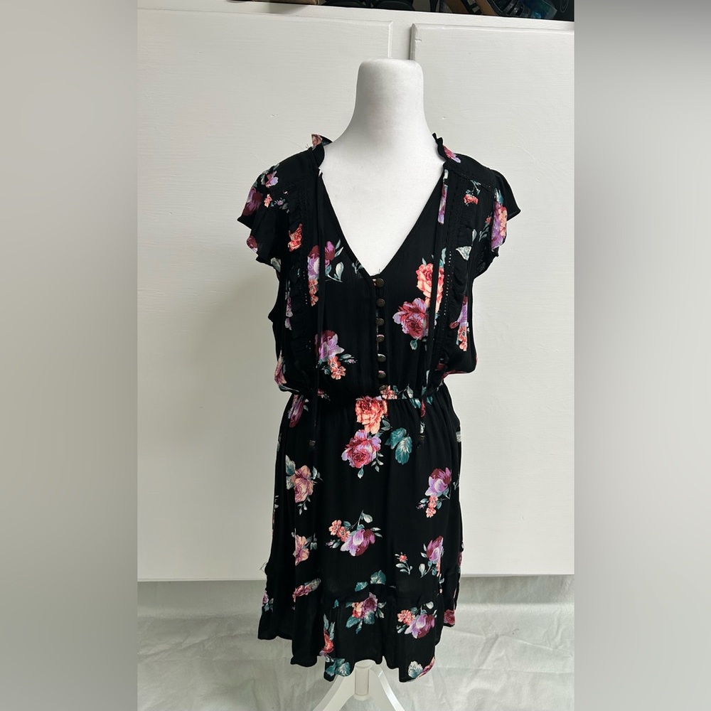 Xhilaration Floral Black Dress with Pink and Purple Accents-Medium
